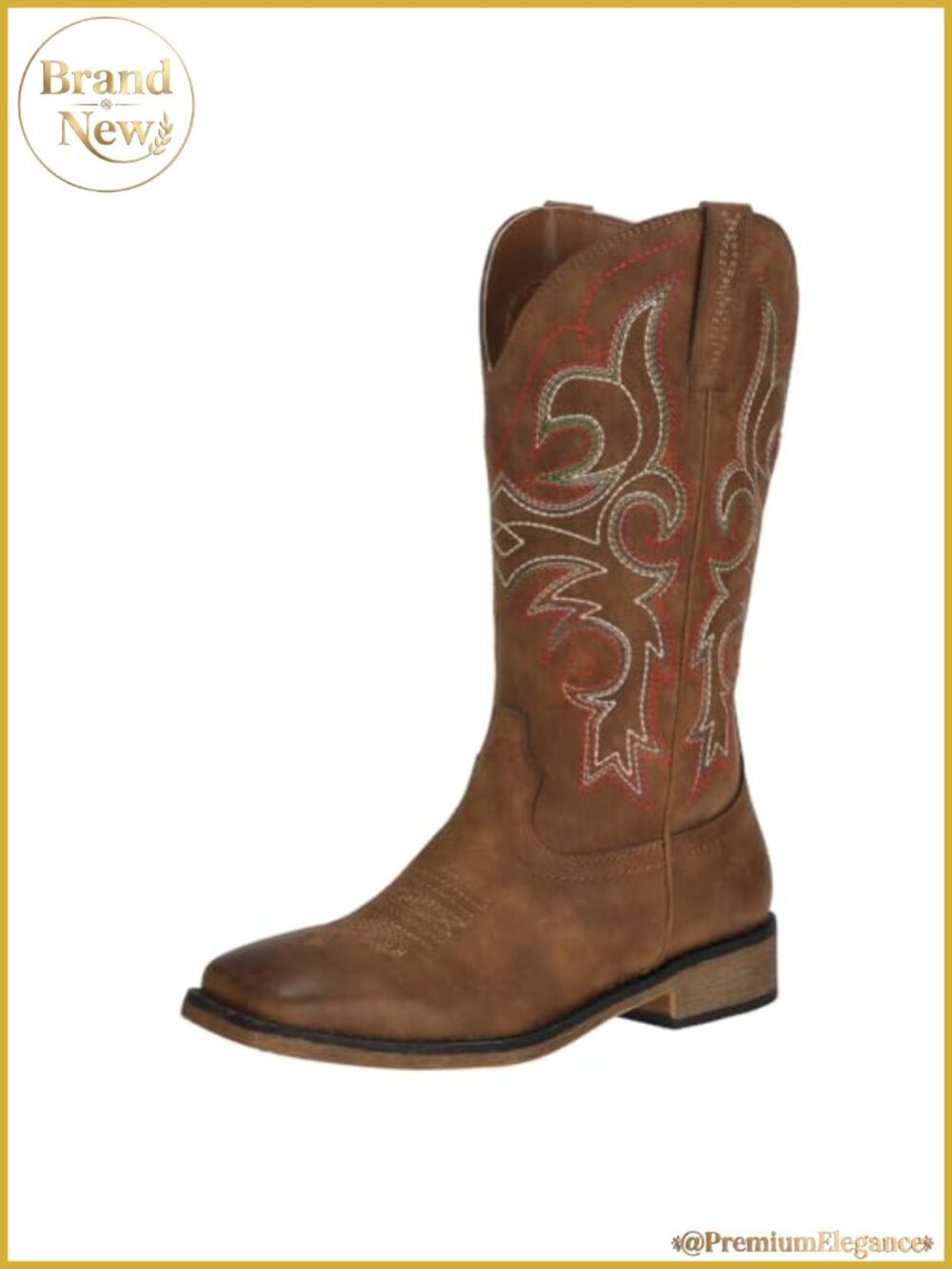 Womens Square Toe Cowboy Boots Mid Calf Chunky Heel Retro Embroidery Faux